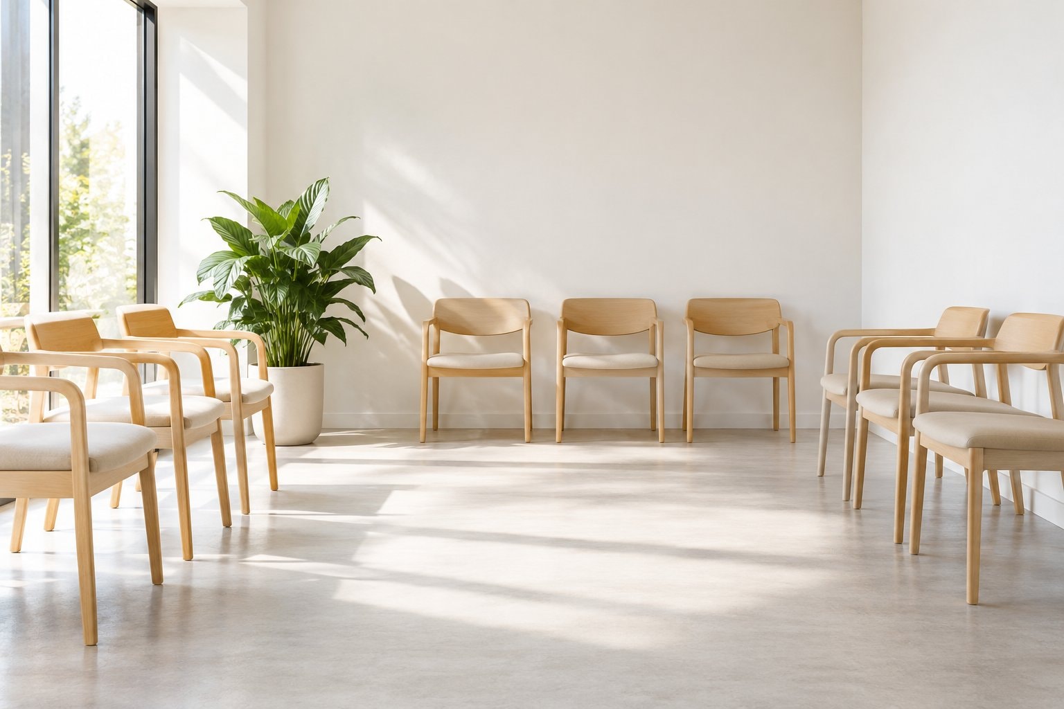 Empty chairs and a green plant in a bright waiting room