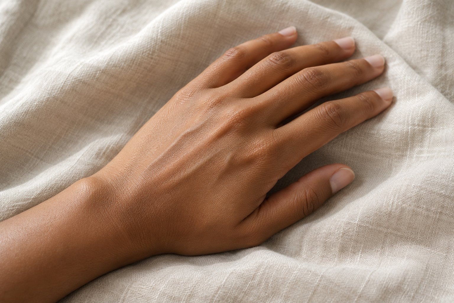 The back of a brown hand resting on linen in soft light