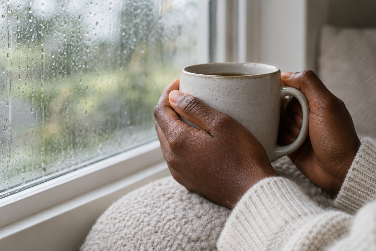 Brown hands holding a ceramic mug beside a rainy window