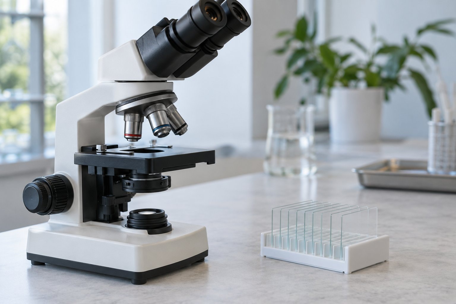 Clear glass slides in a rack beside a microscope