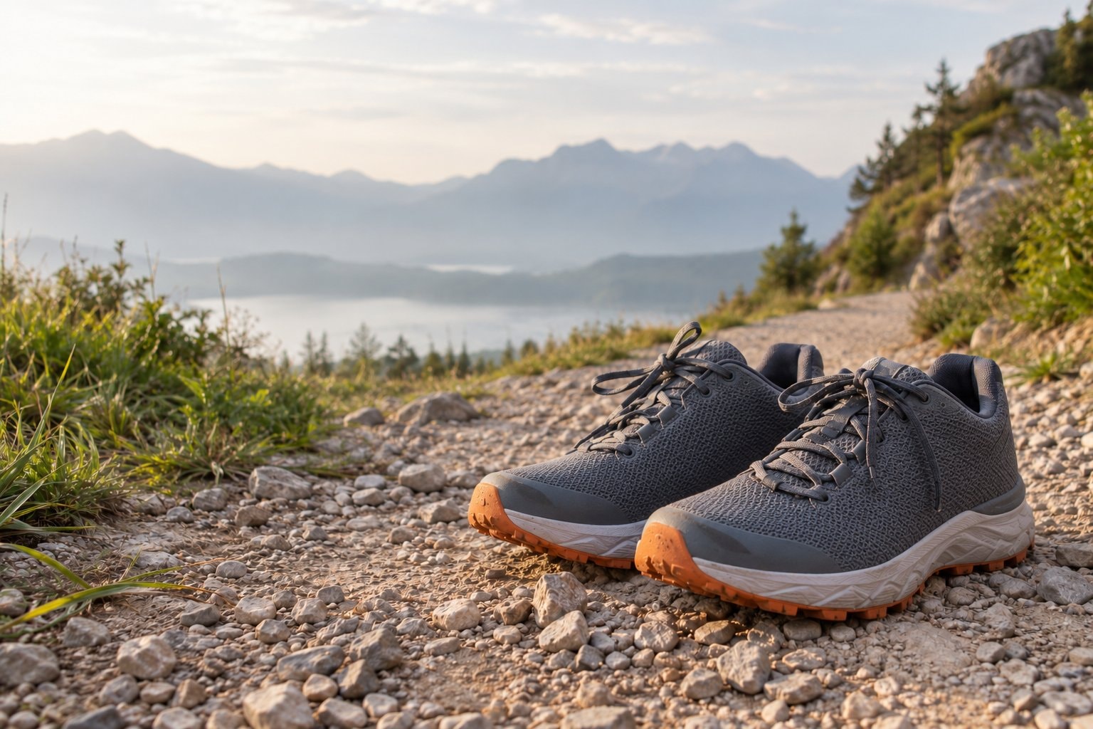 Trail running shoes resting on a gravel path