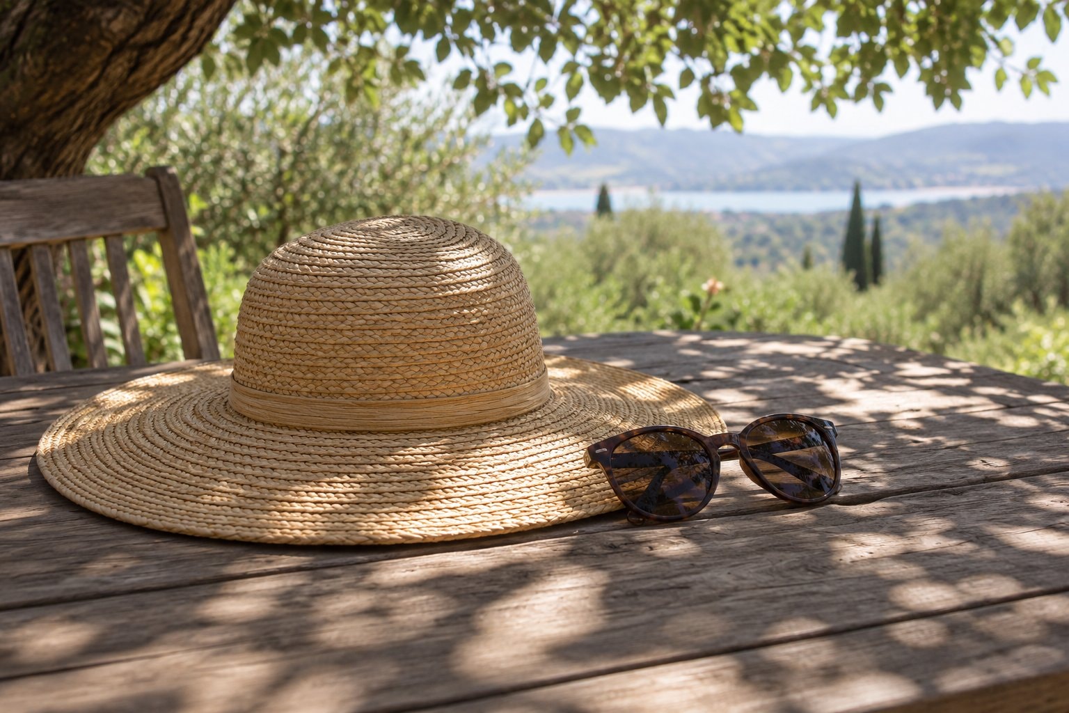 A straw hat and sunglasses on a wooden table in dappled shade
