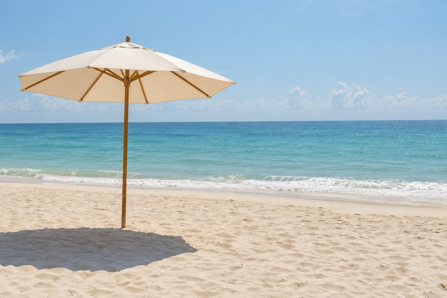 A cream umbrella casting a shadow on pale sand